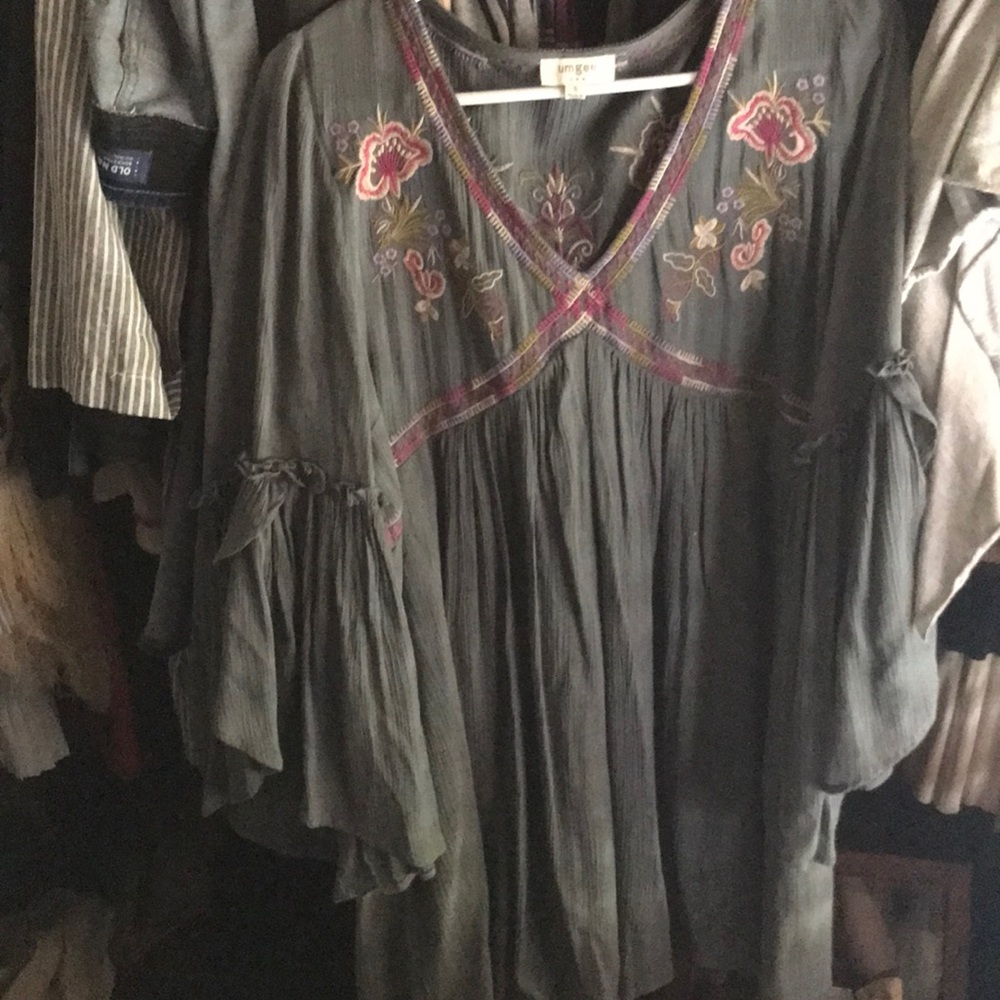 Umgee Bell Sleeve Grey/blue Dress